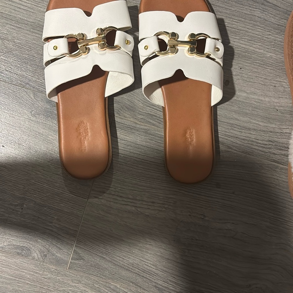 White Leather Slide Sandals with Gold Buckle